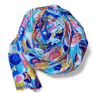 POP ART Fashion Scarf- Lite Blue Background Pop Art Sayings & Graphics 
66”x 28”